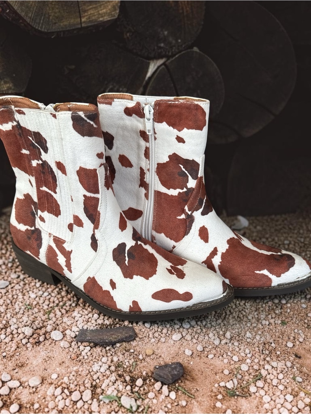 Cowprint Ankle Booties in White & Brown - Western-Inspired Zip Boots